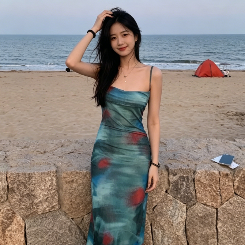 프랑스식 순수한 욕망 몸매 가꾸기 슬림해 보이는 핫걸 고급 센스 슬립 드레스 해변가 휴가 여행 사진 찍기 해변 롱 스커트