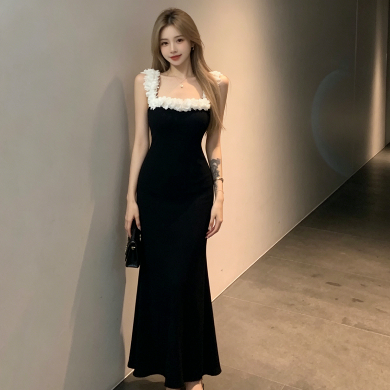 순수한 욕망 꽃 슬립 여성 드레스 여름 디자인 센스 고급 허리 수축 백리스 트임 검정색 타이트 스커트 롱 스커트