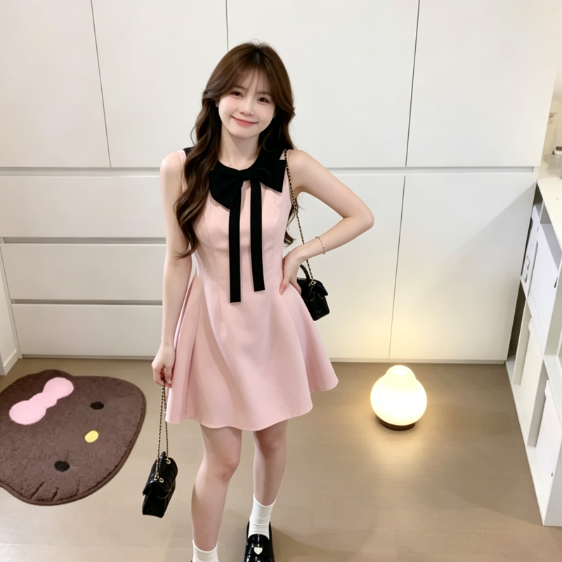 프랑스식 천 금빛 바람 핑크색 드레스 아이들 민소매 행침 목 나비 매듭 미니 스커트 공주 바람 생일 품격 행사 치마