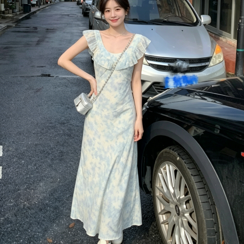 차 휴식 블루 색 후광 염색 드레스 작은 날다 소매 여성 여름 롱 스커트 레이스 허리 수축 바다 섬 구름 부드러운 품격 꽃무늬