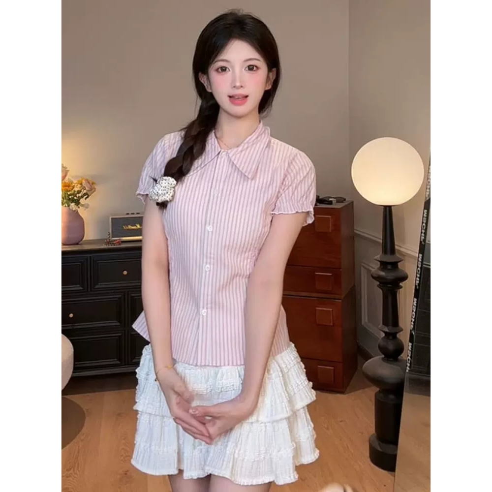 달콤함 소녀 바람 핑크색 스트라이프 POLO 칼라 여성 셔츠 여름 새로운 거품 소매 셔츠 허리 수축 슬림해 보이는 맨위