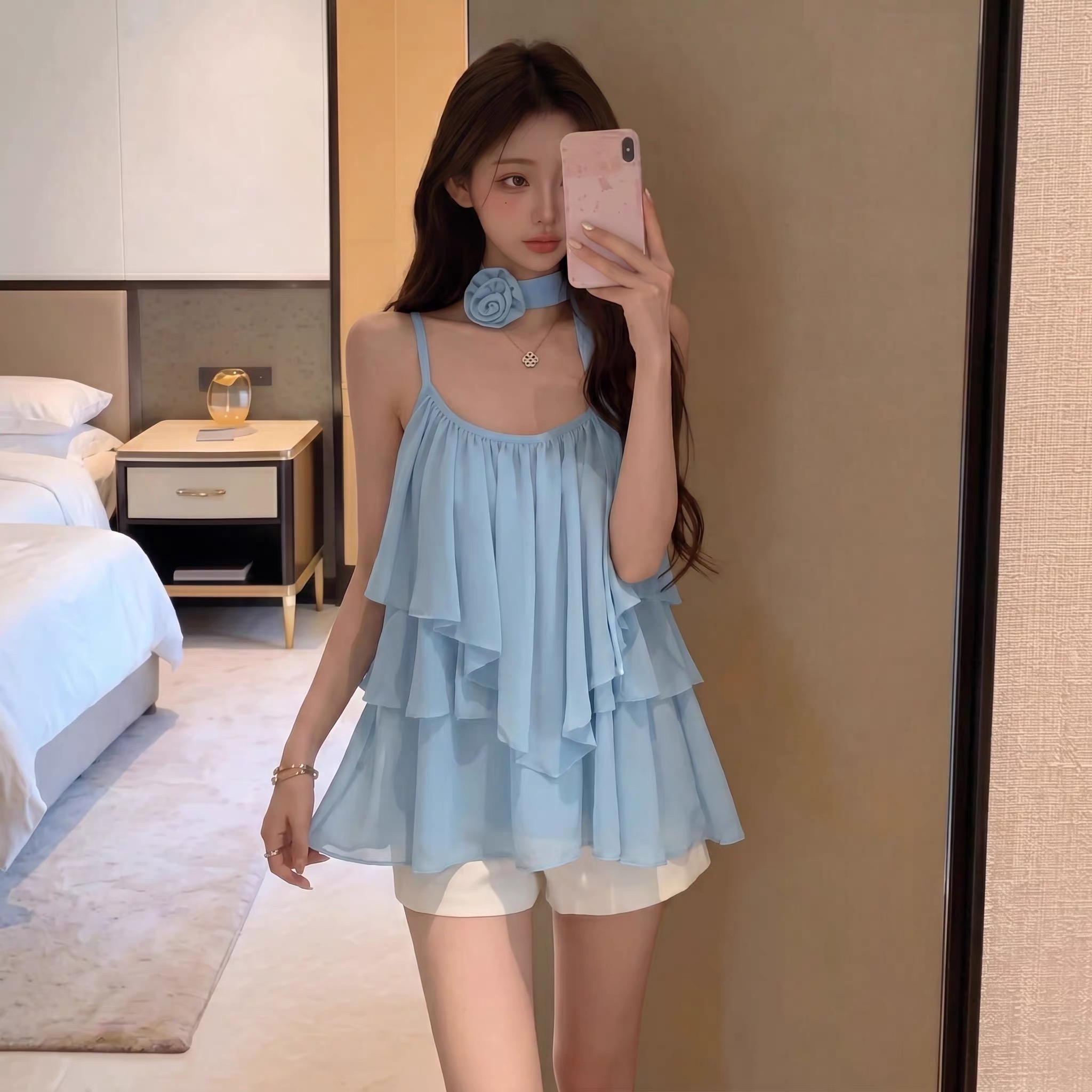 쉬폰 원단 있음 네리 부드러운 바람 캐미솔 여름 작은 대중 꽃 리본 민소매 레이스 셔츠 맨위