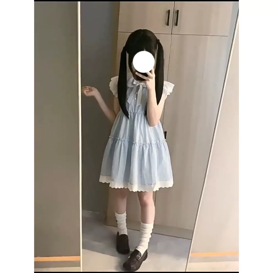 파란색 체크무늬 작은 날다 소매 베이비 칼라 여성 드레스 여름 2026 새로운 작은 키 귀여운 달콤함 첫사랑 치마