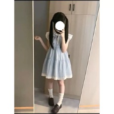 蓝色格子小飞袖娃娃领连衣裙女夏季2026新款小个子可爱甜美初恋裙