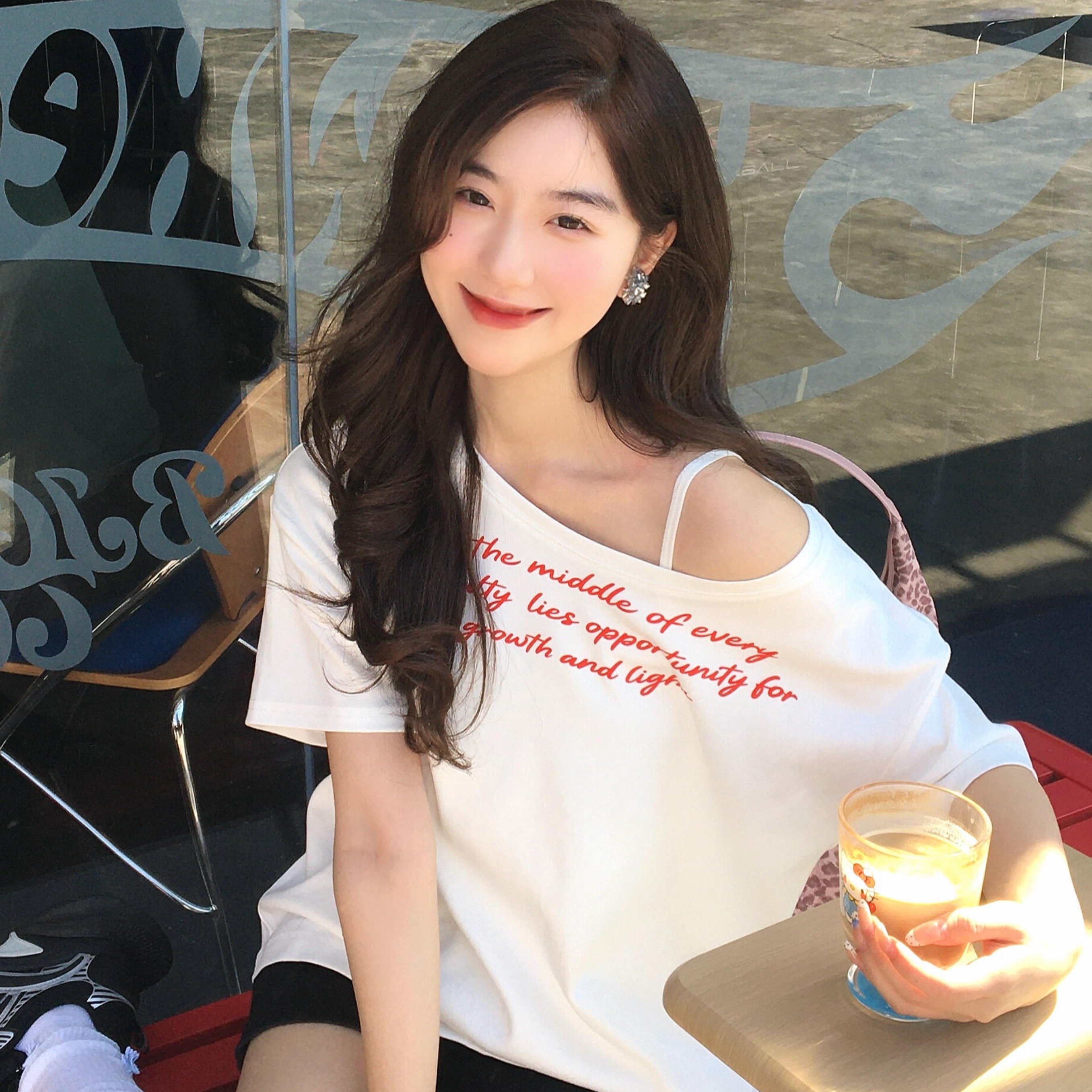 220 그램 92 면 8 암모니아 Lun 아메리칸 핫걸 비스듬한 어깨 알파벳 프린트 반팔 티셔츠 여성
