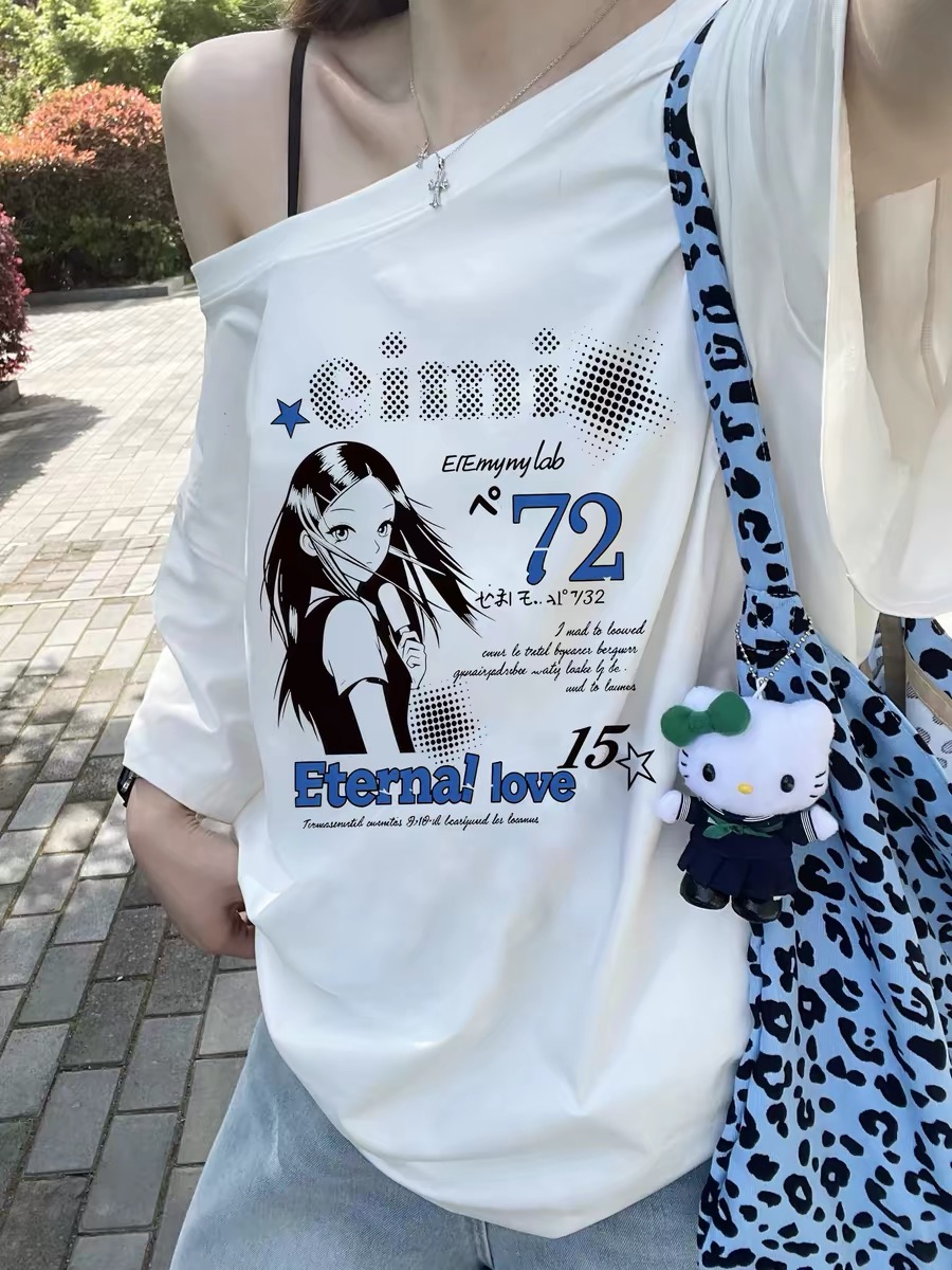 220 그램 92 면 8 암모니아 Lun 아메리칸 핫걸 비스듬한 어깨 알파벳 프린트 반팔 티셔츠 여성