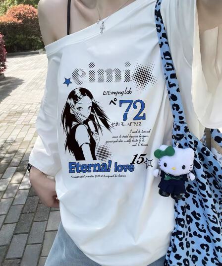 220 그램 92 면 8 암모니아 Lun 아메리칸 핫걸 비스듬한 어깨 알파벳 프린트 반팔 티셔츠 여성