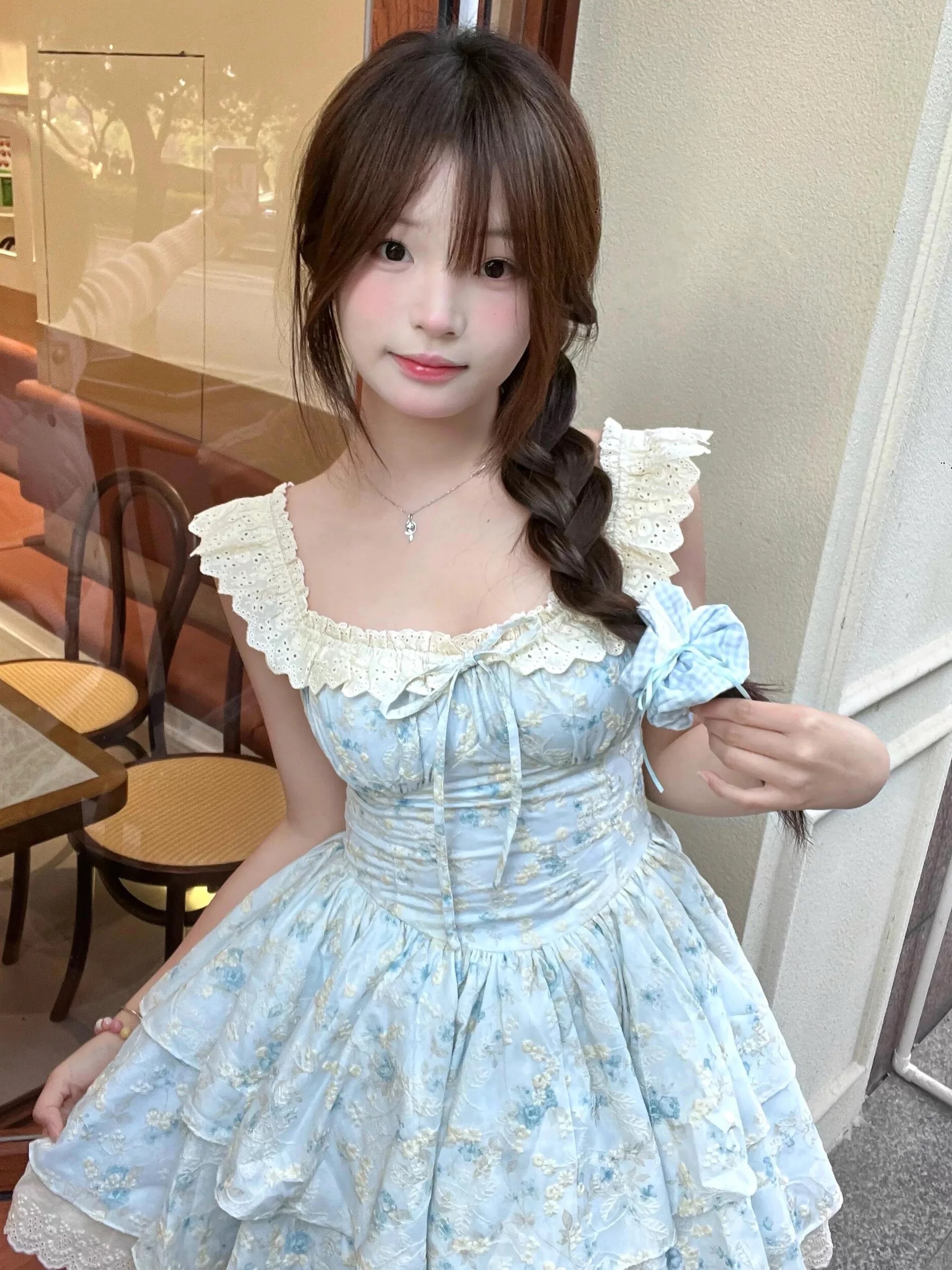 프랑스식 달콤함 작은 날다 소매 꽃무늬 광장 칼라 여성 드레스 여름 휴가 바람 요정 공주 드레스 허리 수축 퍼프 미니 스커트