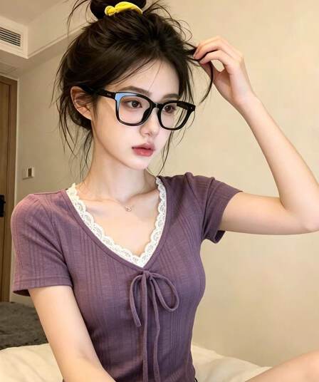원본 원단 등나무 안개 언어 순수한 욕망 레이스 레이스 패치워크 V넥 반팔 티셔츠 여성 몸매 가꾸기 맨위