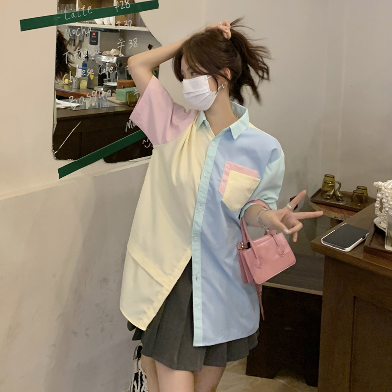 실사 디자인 센스 작은 대중 말 카드 용 배색 반팔 여성 셔츠 여름 루즈핏 한 부서 느긋한 바람 워크웨어 반소매