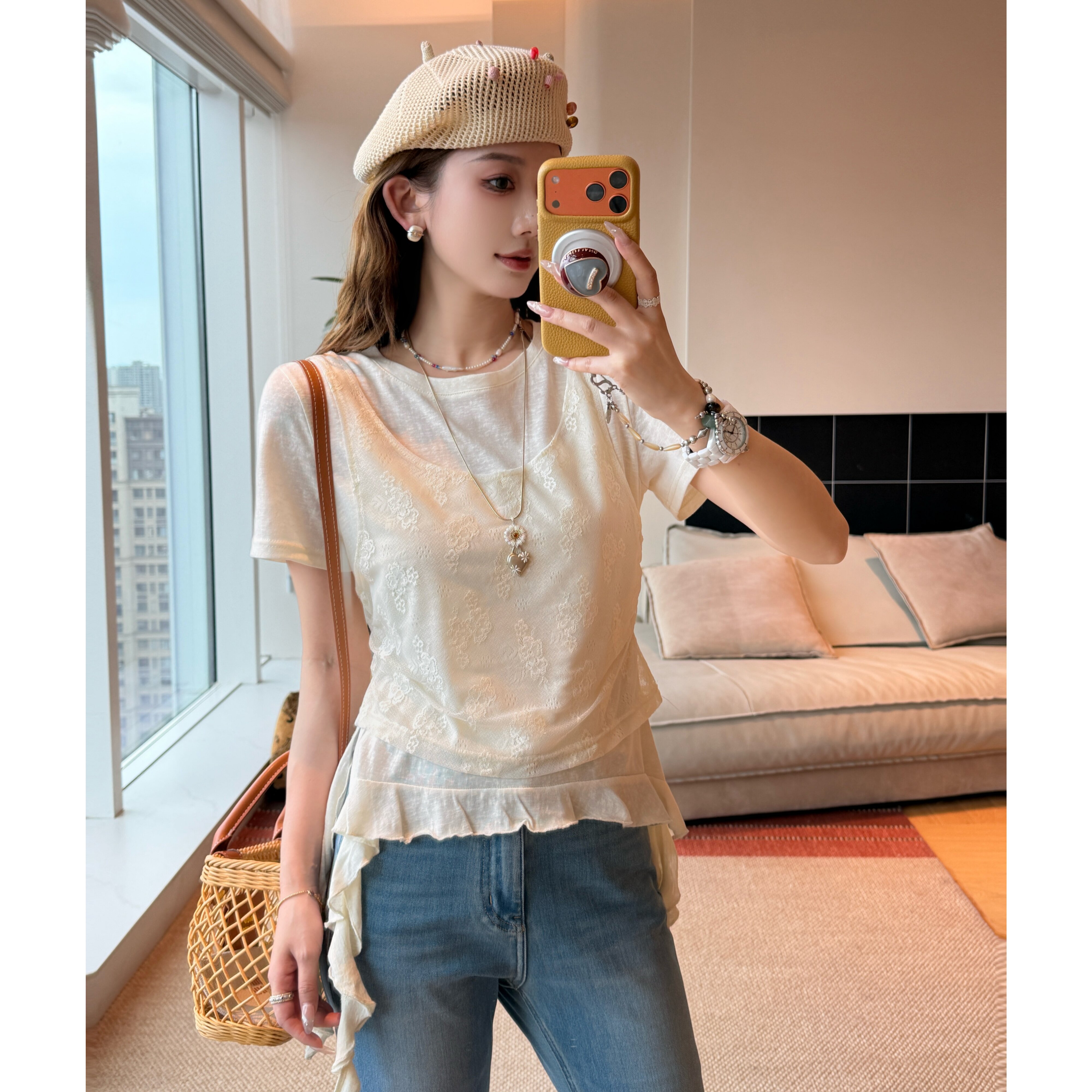 경관 그림 갑자기 더블 스택 상쾌 편안함 패치워크 반팔 티셔츠 페이크 레이어드 여성 밑단 불규칙 맨위