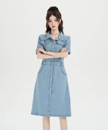 실사 새로운 레트로 데님 여성 드레스 여름 고급 센스 허리 수축 슬림해 보이는 품격 연령 감소 캐주얼 치마