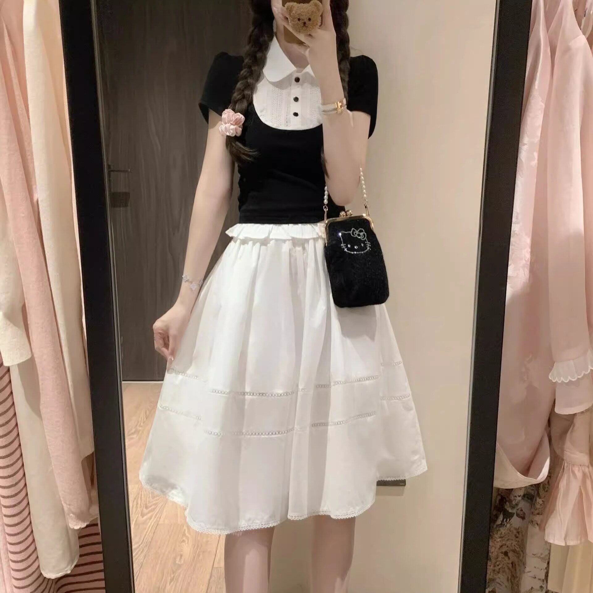 학원 스타일 세트 여성 여름 2026 새로운 페이크 레이어드 티셔츠 치마 작은 키 여름 ootd 착용 가져 가라. 전체 집합