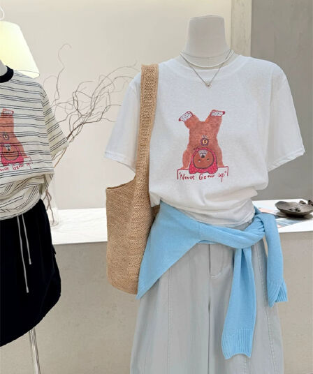 경관 그림 21 순면 210 그램 이후 패키지 칼라 여름 드레스 한 부서 반팔 티셔츠 여성 한국 스타일 루즈핏 빅 사이즈 프린트