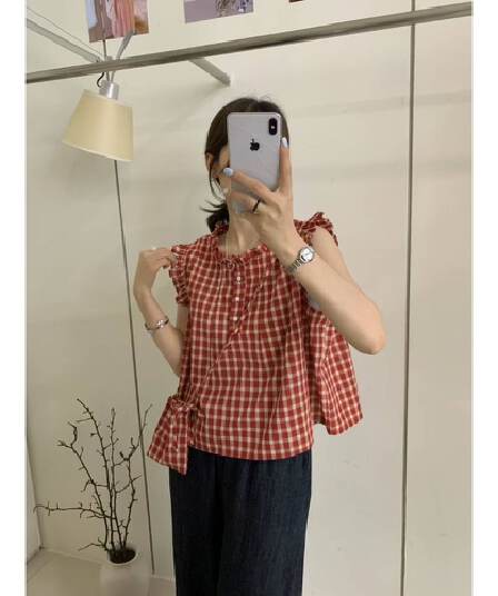 phome 달콤함 작은 날다 소매 스탠드 칼라 체크무늬 여성 셔츠 여름 프랑스식 작은 키 루즈핏 연령 감소 인형 맨위