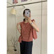 批发PHOME甜美小飞袖立领<b class='q'>格子衬衫</b>女夏季法式小个子宽松减龄娃娃上衣