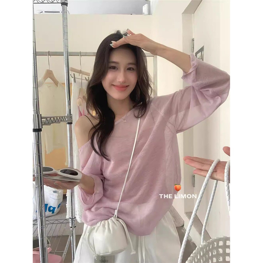 라이 경기 서울 20 집결하다 섬유 75 암모니아 Lun 5 뒤로 홀로우 아웃 여름 주간 실크 차가운 센스 얇은 스타일 자외선 차단 블라우스 비스듬한 어깨