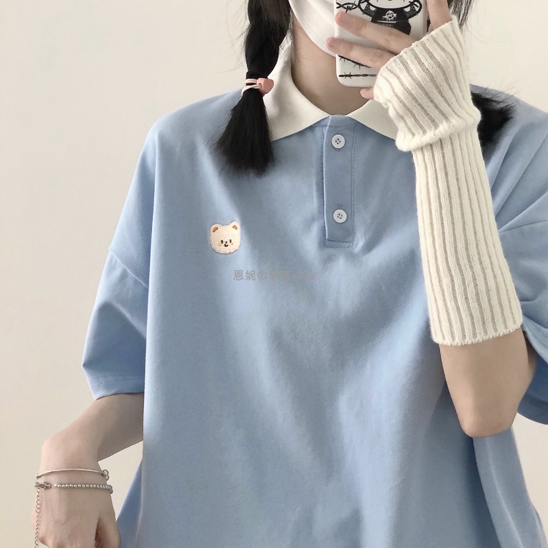 6535 물고기 규모 학원 소녀 작은 곰 자수 귀여운 패치워크 색상 루즈핏 반팔 POLO 셔츠 폴로 칼라 티셔츠 여성 여름