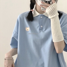 批发6535鱼鳞学院少女小熊刺绣<b class='q'>可爱</b>拼色宽松短袖polo衫翻领T恤女夏季