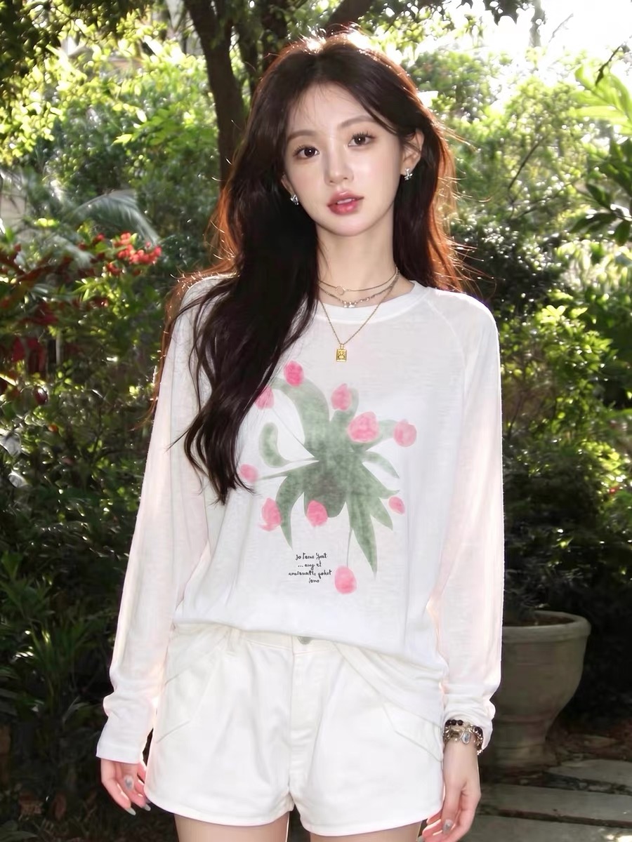 180 그램 아마 눈꽃 긴팔 티셔츠 태양 보호 셔츠 기본 셔츠 블라우스 통기성 루즈핏