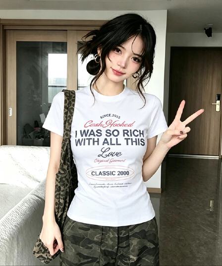 원본 것 순면 220 그램 40 음식 털 느낌 있음 신축성 프린트 몸매 가꾸기 허리 수축 반팔 티셔츠 여성