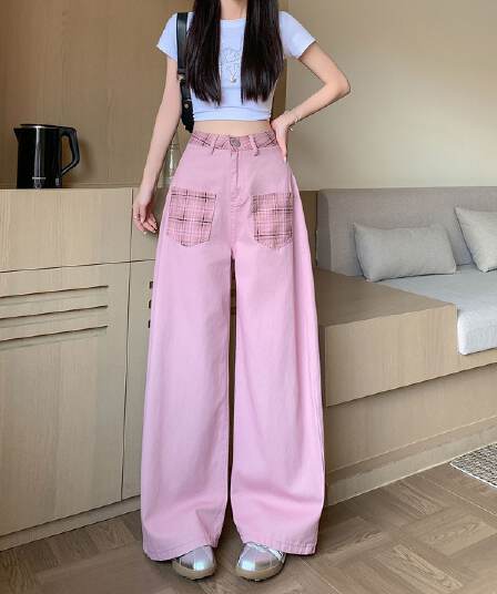 실사 새로운 핑크색 체크무늬 패치워크 모통이 칼 청바지 여성 여름 새로운 루즈핏 캐주얼 슬림해 보이는 와이드 레그 팬츠