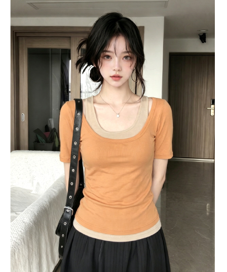 한 부서 사실 두 조각 u 칼라 반팔 티셔츠 여성 여름 몸매 가꾸기 슬림해 보이는 도파민 착용 가져 가라. 캐미솔 세트 맨위