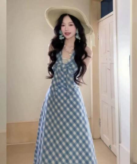 있음 안감 여름 파란색 체크무늬 행침 목 여성 드레스 해변가 휴가 바람 허리 수축 나비 매듭 민소매 롱 스커트