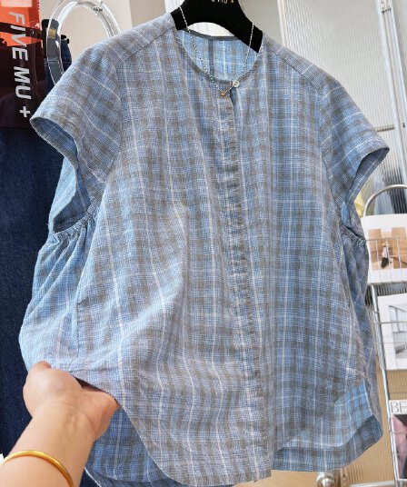 원본 원단 특별 빅 사이즈 200 kg 느긋한 바람 고유 한 레트로 체크무늬 반팔 여성 셔츠