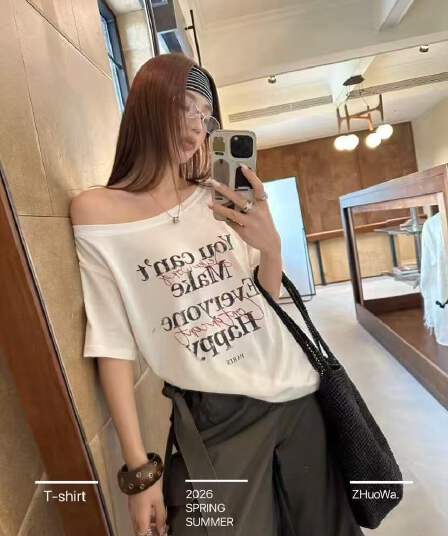 220 그램 92 면 8 암모니아 Lun 아메리칸 핫걸 비스듬한 어깨 알파벳 프린트 반팔 티셔츠 여성