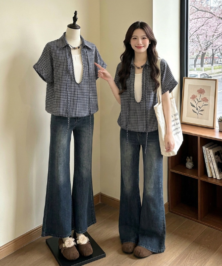 경관 그림 원본 품질 착용 구슬 페이크 레이어드 체크무늬 반팔 셔츠 여름 슬림해 보이는 슈퍼 잘 생긴 Chic 맨위