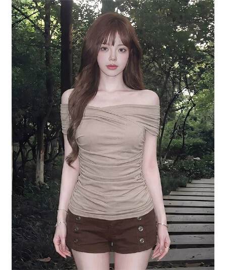 260 그램 사람들 면 디자인 센스 오프숄더 맨위 여성 여름 한 부서 펌프 Pleat 슬림해 보이는 반팔 몸매 가꾸기 핫걸 티셔츠