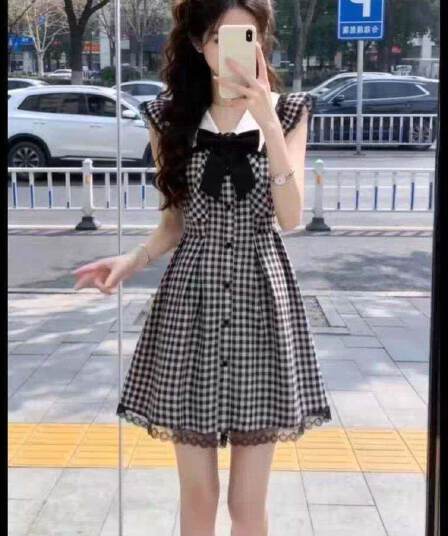 흑인과 백인 체크무늬 Feifei 소매 학원 스타일 여성 드레스 여름 레이스 조각 루즈핏 슬림해 보이는 A라인 스커트 짧은 치마