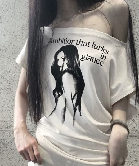 220 그램 92 면 8 암모니아 Lun 아메리칸 핫걸 비스듬한 어깨 알파벳 프린트 반팔 티셔츠 여성