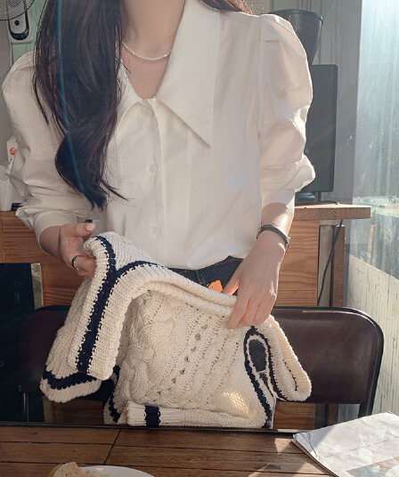 프랑스식 레트로 고급 센스 품격 미니멀리즘 다용도 긴팔 만나는 거품 소매 셔츠 맨위 ins