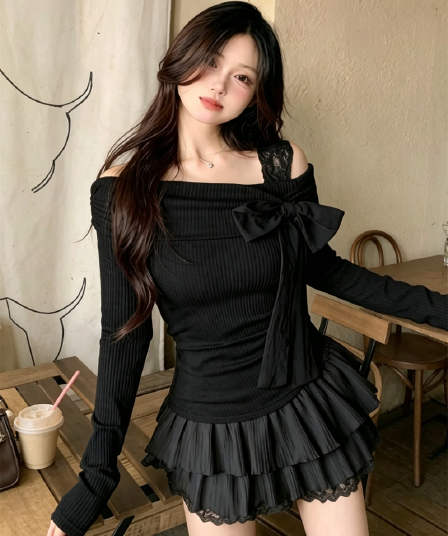 광저우 원단 순수한 욕망 프랑스식 나비 넥타이 긴팔 티셔츠 여성 가을 겨울 핫걸 몸매 가꾸기 인사이드 잡아라. 의류