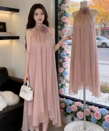 원본 것 프랑스식 부드러운 바람 행침 목 여성 드레스 새로운 디자인 센스 슬림해 보이는 품격 휴가 바람 길다 치마
