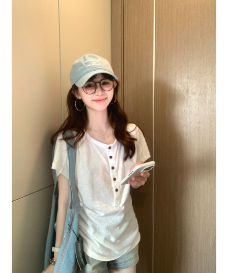 한 부서 화이트 헨리 칼라 긍정적 인 어깨 허리 수축 반팔 티셔츠 여성 2026 여름 얇은 스타일 루즈핏 슬림해 보이는 배트윙 소매 맨위
