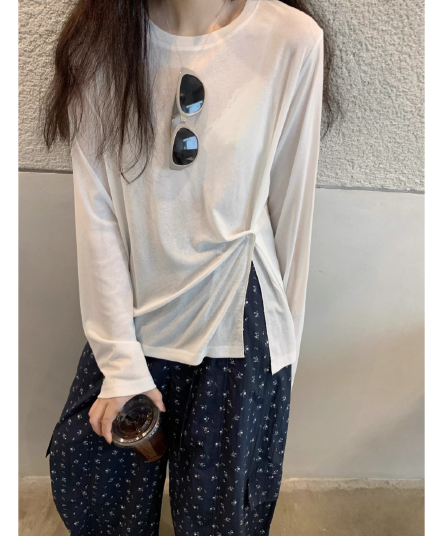측면 부서 버클 허리 수축 긴팔 단색 라이 경기 서울 주간 실크 눈꽃 면 티셔츠 여성 자외선 차단 블라우스 맨위 슬림해 보이는 여름 얇은