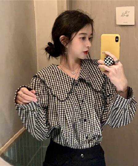 프랑스식 배색 체크무늬 베이비 칼라 여성 셔츠 가을 2026 새로운 캐주얼 루즈핏 슬림해 보이는 단추 품격 맨위
