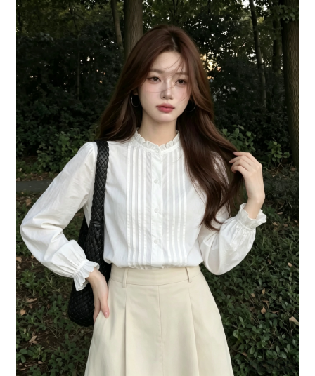 패션 외국 가스 맨위 2026 이른 가을 여성 의류 프랑스식 Chic 흰 셔츠 디자인 센스 작은 대중 스탠드 칼라 긴팔 셔츠