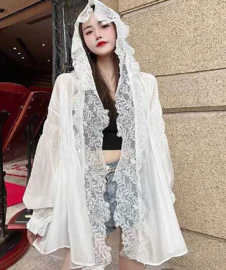 화이트 레이스 후드 자외선 차단 의류 여성 여름 얇은 스타일 고급 센스 품격 루즈핏 달콤함 오픈 가디건 자외선 차단 외투
