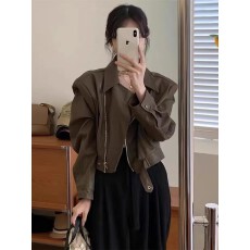 批发黑色pu皮衣外套女<b class='q'>春</b>秋2026新款宽松港风小个子短款夹克机车服上衣