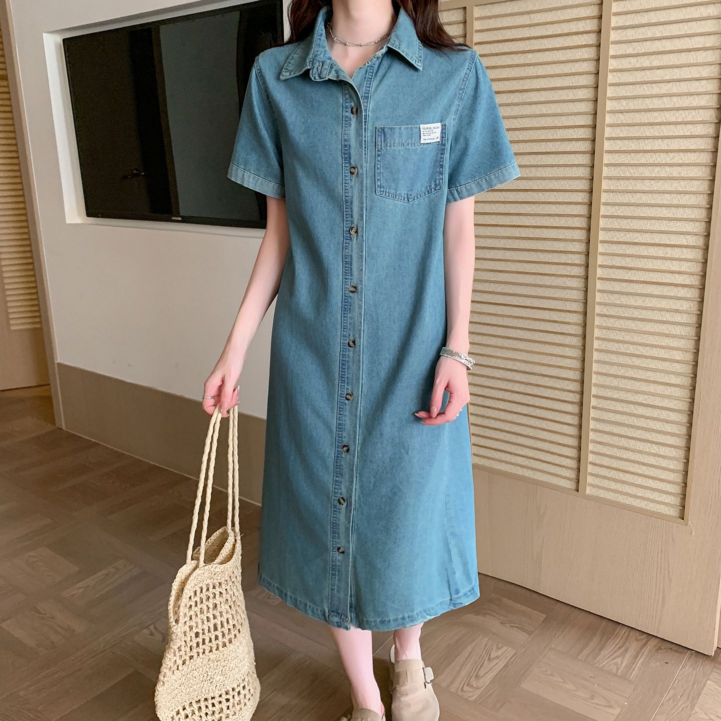 RY7721# 实拍新款~夏季短袖休闲宽松牛仔连衣裙女新款港风复古衬衫裙子