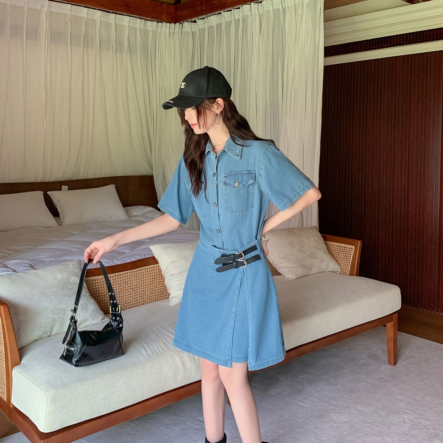RY7699# 实拍新款~2026夏季复古时尚显瘦牛仔连衣裙女小众不规则短款裙子