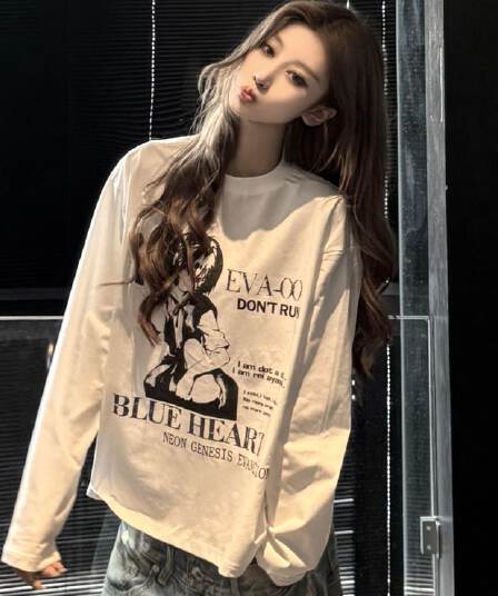 210 그램 21 이후 패키지 칼라 프린트 가을 의상 긴팔 티셔츠 여성 루즈핏 순면 라운드 넥 맨위