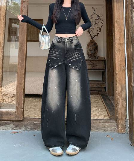 실사 새로운 아메리칸 레트로 프린트 넓은 다리 청바지 여성 루즈핏 느긋한 핫걸 바람 느슨함 센스 모통이 칼 바지