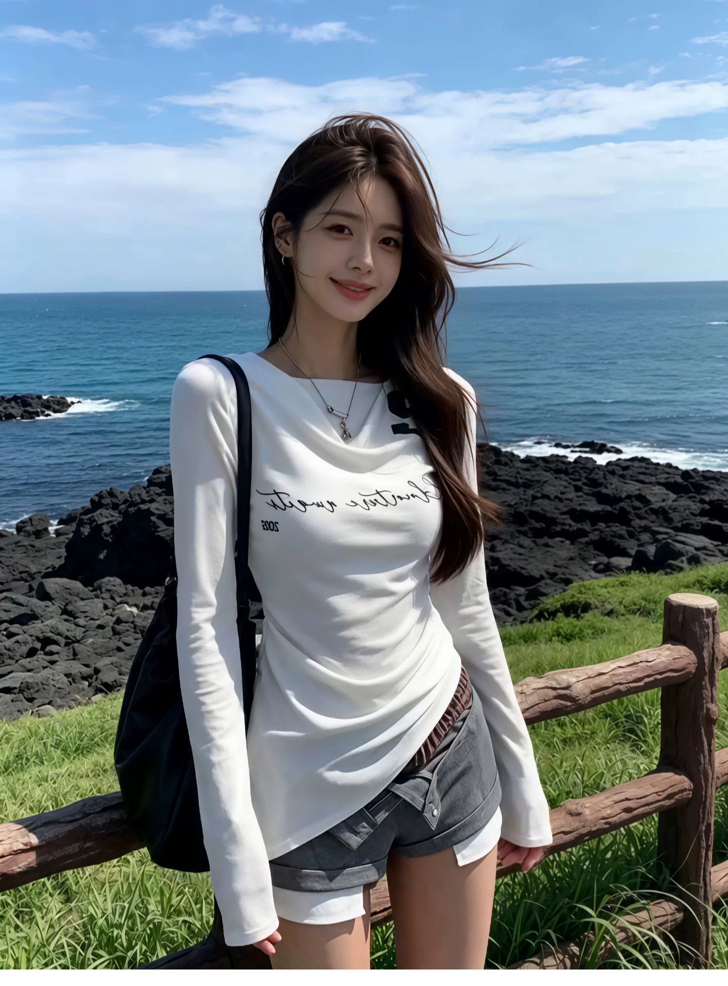BY30449# 人棉白色一字领长袖T恤早秋辣妹印花上衣 服裝批發女裝批發服飾貨源