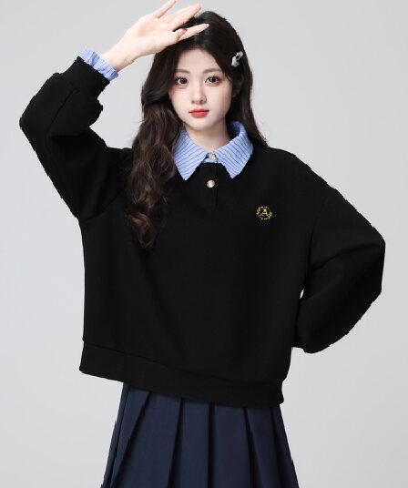 경관 그림 얇은 스타일 후드티 여성 가시 자수 봄 가을 새로운 한 부서 패치워크 루즈핏 페이크 레이어드 셔츠 칼라 맨위