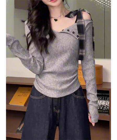 원본 품질 회색 순수한 욕망 폴로 칼라 오프숄더 기본 셔츠 가을 겨울 핫걸 인사이드 가져 가라. 긴팔 티셔츠 맨위 여성